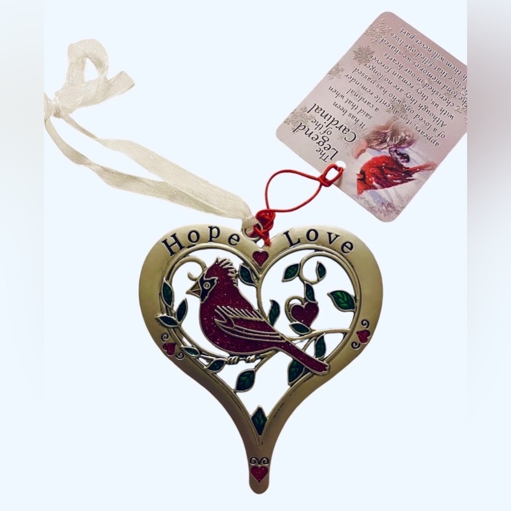Pewter Hope & Love Cardinal in Heart Ornament/Car Charm w/White Organza Ribbon